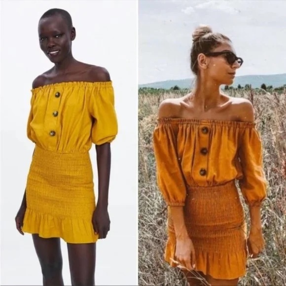 Zara Linen Off The Shoulder Smocked Mustard Dress sz S - Picture 1 of 10